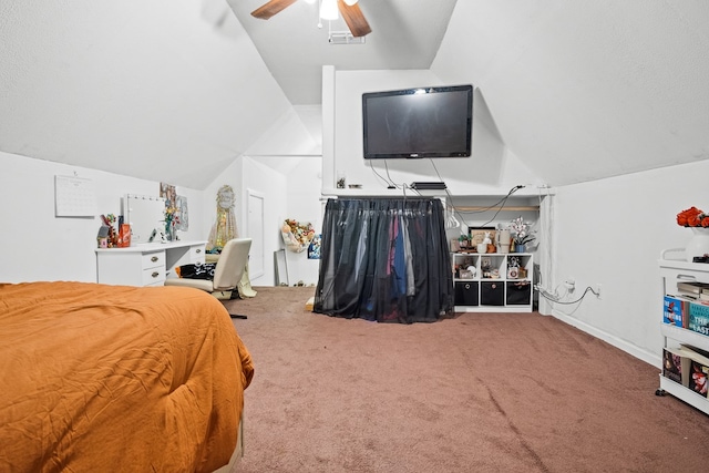 bedroom with lofted ceiling, carpet, and ceiling fan