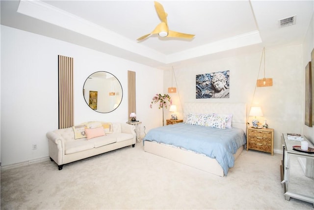 15854 El Soccorro, Corpus Christi, TX 78418 - bedroom with a tray ceiling, carpet floors, ceiling fan, and crown molding
