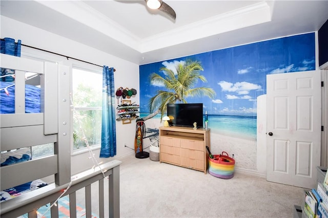 15854 El Soccorro, Corpus Christi, TX 78418 - carpeted bedroom featuring ornamental molding, a raised ceiling, and ceiling fan