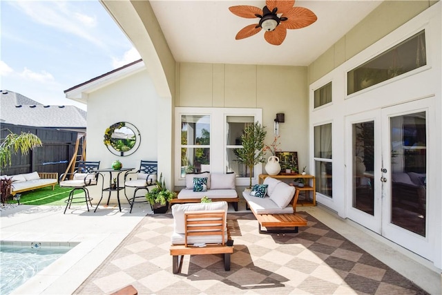 15854 El Soccorro, Corpus Christi, TX 78418 - view of patio / terrace featuring french doors, an outdoor hangout area, and ceiling fan