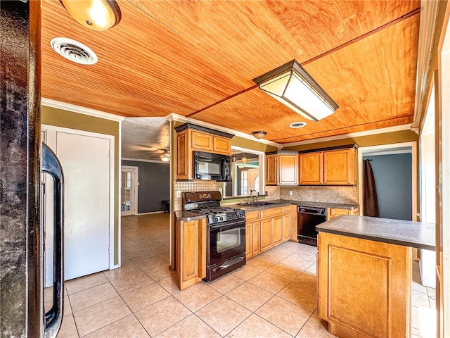 kitchen featuring black appliances, tasteful backsplash, ornamental molding, light tile patterned floors, and wood ceiling