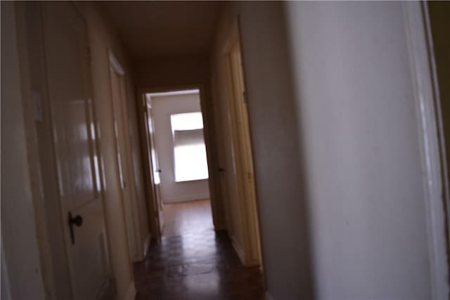 corridor featuring dark wood-style flooring