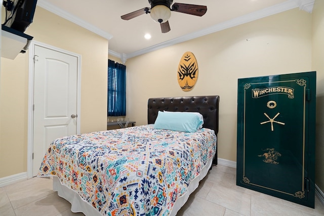 104 Sandollar Cir, Fulton, TX 78358 - bedroom with tile patterned flooring, ornamental molding, recessed lighting, and a ceiling fan