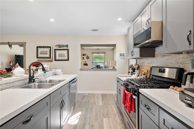 kitchen featuring appliances with stainless steel finishes, backsplash, sink, gray cabinets, and light hardwood / wood-style floors