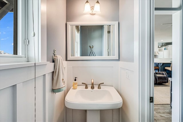 bathroom with hardwood / wood-style flooring and sink