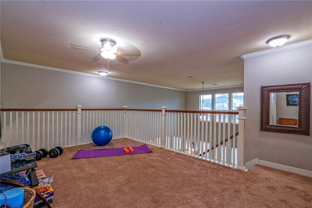 4522 Big Cyprus, Corpus Christi, TX 78410 - exercise room with crown molding, baseboards, carpet, and a ceiling fan
