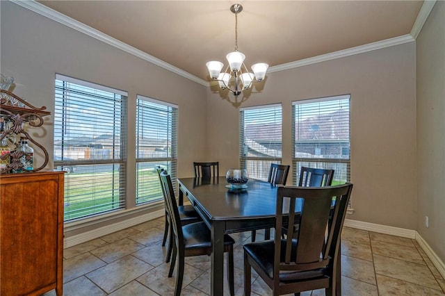 4522 Big Cyprus, Corpus Christi, TX 78410 - dining area with crown molding, baseboards, light tile patterned floors, and a chandelier
