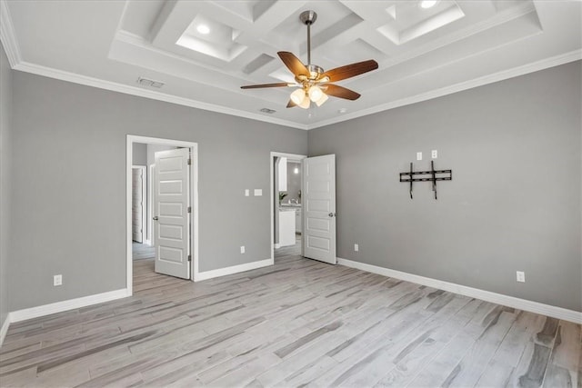 unfurnished bedroom featuring coffered ceiling, light wood-style flooring, baseboards, crown molding, and recessed lighting