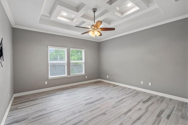 unfurnished room with light wood finished floors, coffered ceiling, a ceiling fan, baseboards, and beamed ceiling