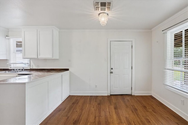 330 Ohio Ave, Corpus Christi, TX 78404 - kitchen with white cabinetry, wood finished floors, and ornamental molding