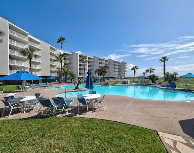 view of pool featuring a patio and a lawn