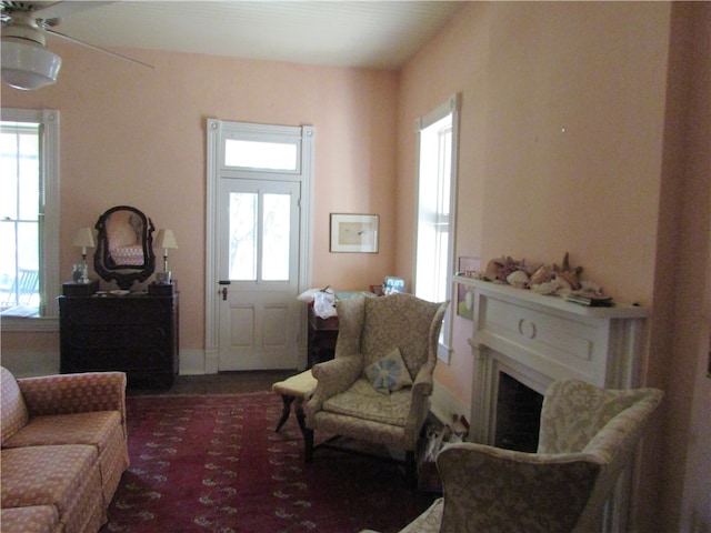 living area with ceiling fan