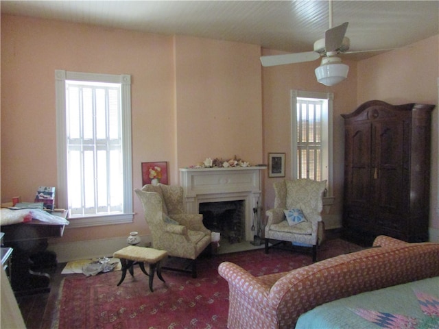 living room with ceiling fan and plenty of natural light