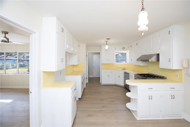 kitchen featuring white cabinetry, stainless steel appliances, sink, hanging light fixtures, and light hardwood / wood-style flooring