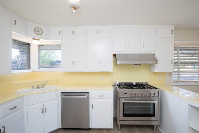 kitchen with white cabinets, appliances with stainless steel finishes, sink, and range hood