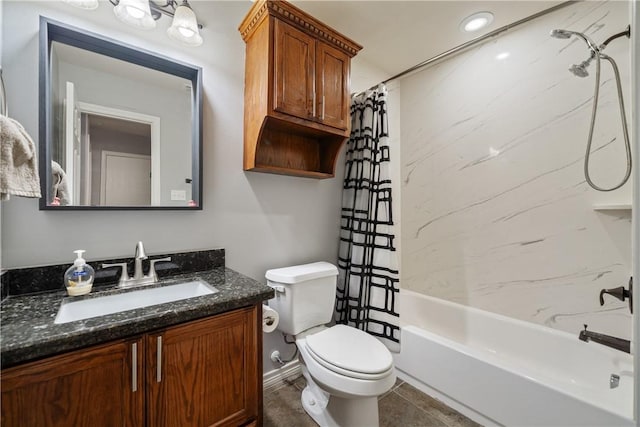 full bathroom featuring vanity, shower / bath combination with curtain, tile patterned floors, and toilet