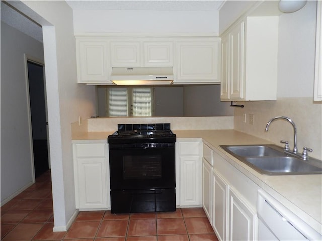 13656 Teague Ln Unit 33, Corpus Christi, TX 78410 - kitchen with black range with electric stovetop, under cabinet range hood, a sink, white dishwasher, and light countertops