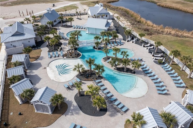 birds eye view of property featuring a water view