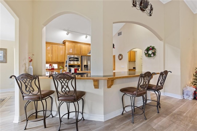 13805 Hawksnest Bay Dr, Corpus Christi, TX 78418 - kitchen with appliances with stainless steel finishes, a kitchen bar, arched walkways, rail lighting, and light wood-style floors