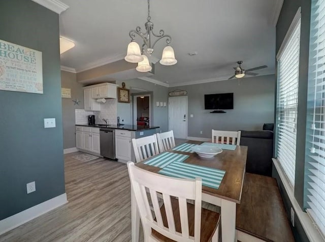 dining space featuring baseboards, ornamental molding, and a healthy amount of sunlight