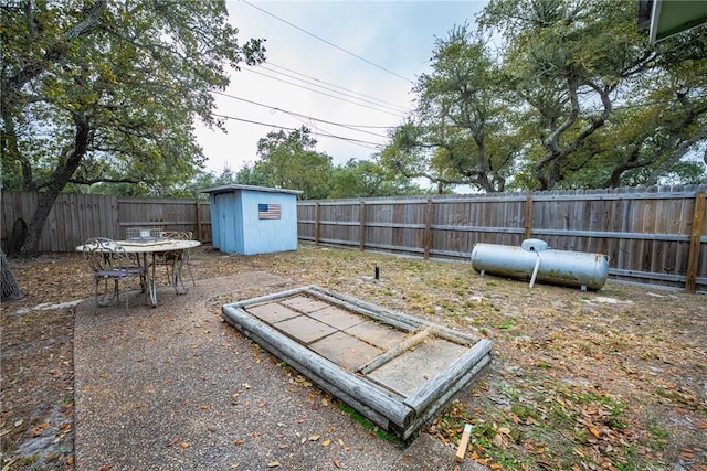 view of yard with a storage shed