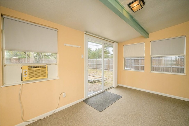 doorway featuring lofted ceiling with beams, carpet floors, and cooling unit