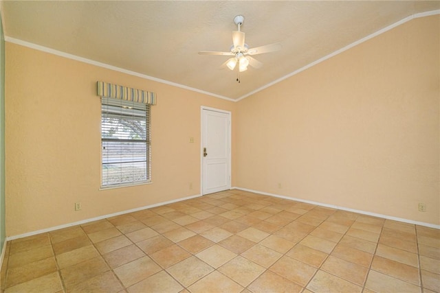 empty room featuring lofted ceiling, crown molding, ceiling fan, and light tile patterned flooring