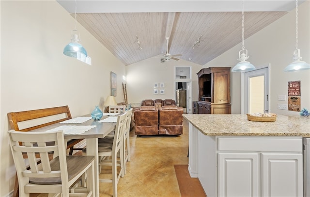2212 State Highway 361, Port Aransas, TX 78373 - kitchen with concrete floors, wooden ceiling, ceiling fan, hanging light fixtures, and white cabinets