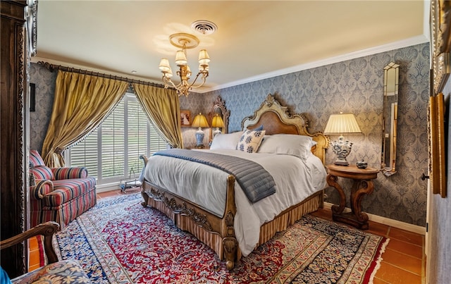 tiled bedroom with crown molding, a chandelier, baseboards, wallpapered walls, and visible vents