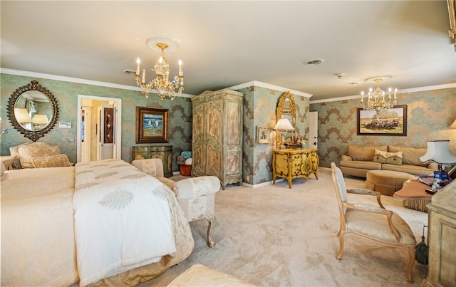 carpeted bedroom featuring crown molding, wallpapered walls, a notable chandelier, and visible vents