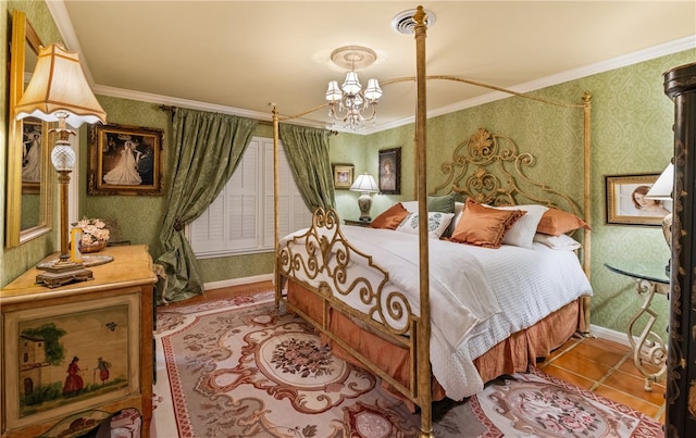 bedroom featuring an inviting chandelier, ornamental molding, and wallpapered walls