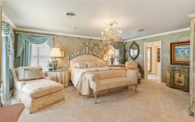 carpeted bedroom with an inviting chandelier, ornamental molding, wallpapered walls, and visible vents