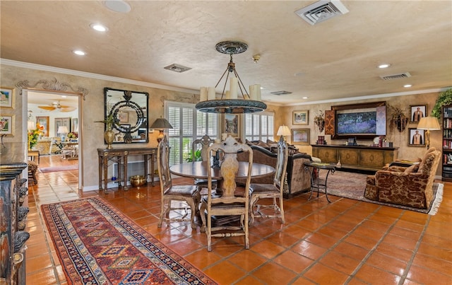 dining area with crown molding, tile patterned floors, recessed lighting, and visible vents