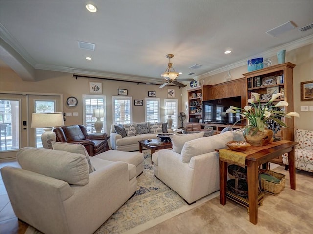 13834 Captains Row, Corpus Christi, TX 78418 - living area featuring crown molding, plenty of natural light, ceiling fan, and recessed lighting
