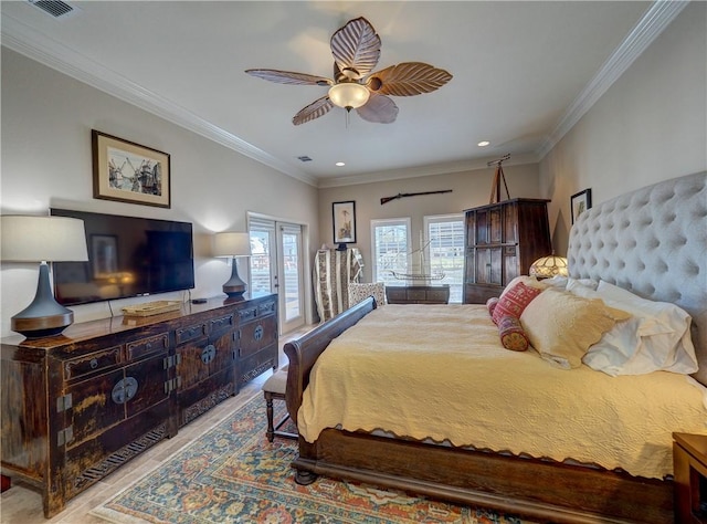 13834 Captains Row, Corpus Christi, TX 78418 - bedroom with recessed lighting, wood finished floors, ornamental molding, and a ceiling fan