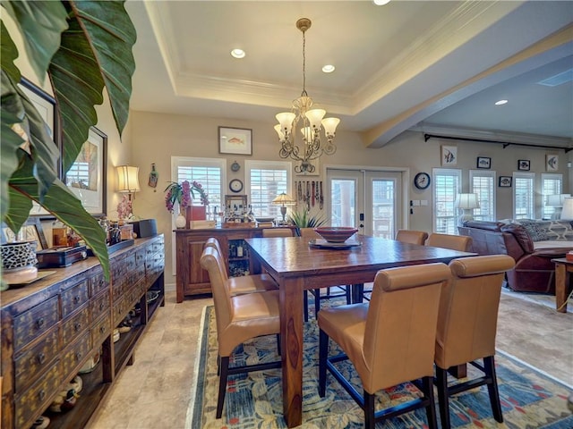 13834 Captains Row, Corpus Christi, TX 78418 - dining room with recessed lighting, a chandelier, ornamental molding, french doors, and a tray ceiling