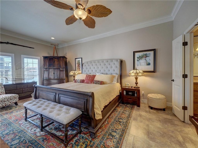13834 Captains Row, Corpus Christi, TX 78418 - bedroom featuring crown molding, ceiling fan, and recessed lighting
