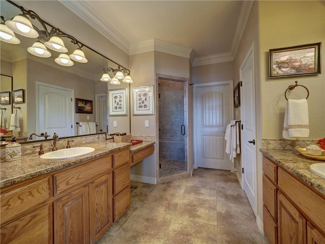 13834 Captains Row, Corpus Christi, TX 78418 - bathroom featuring vanity, a stall shower, and crown molding