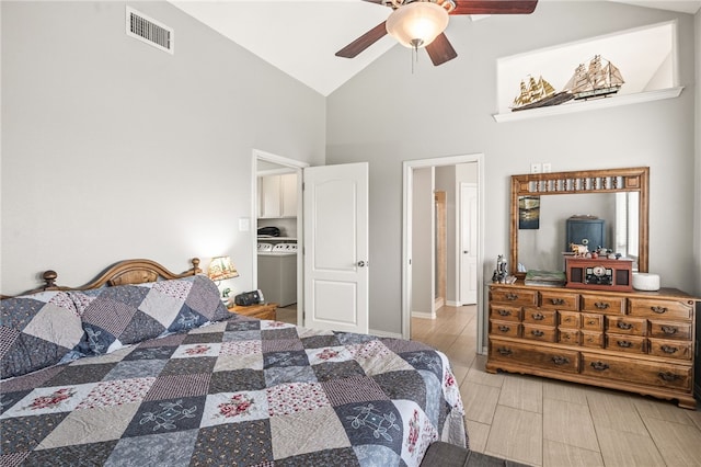 bedroom with high vaulted ceiling, ceiling fan, and light hardwood / wood-style flooring