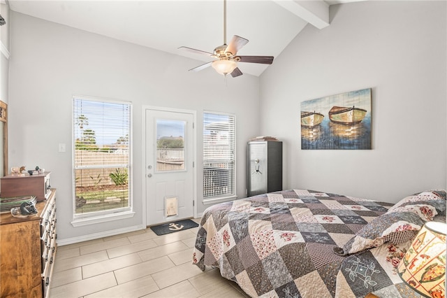 bedroom featuring access to exterior, high vaulted ceiling, ceiling fan, light tile patterned flooring, and beam ceiling