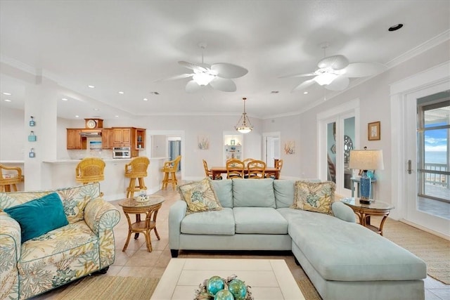 tiled living room featuring ornamental molding