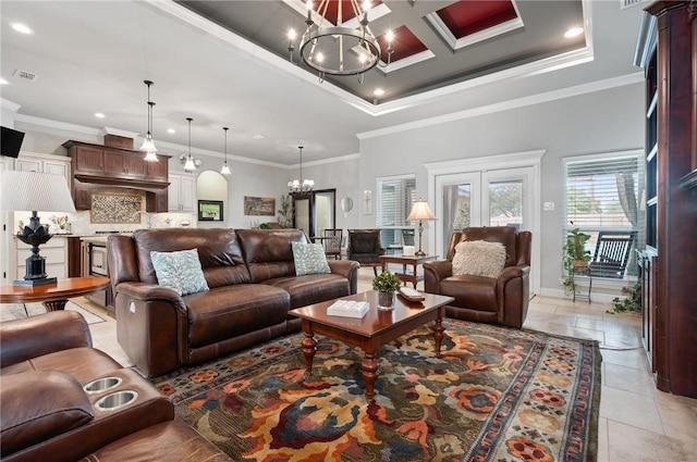 116 James Dr, Sinton, TX 78387 - living room with a chandelier, crown molding, recessed lighting, a high ceiling, and baseboards