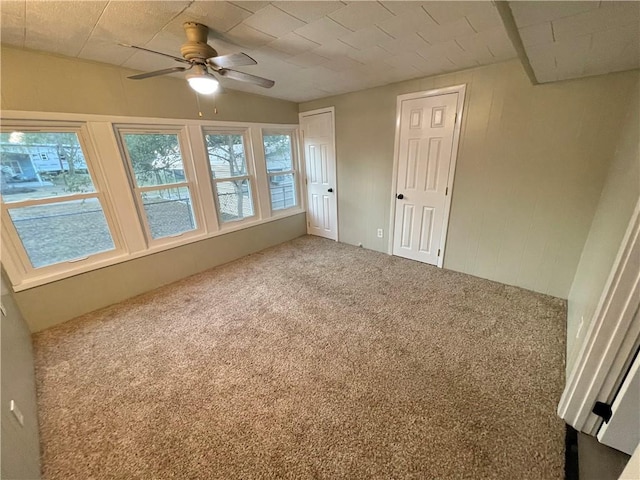 carpeted empty room with ceiling fan and a wealth of natural light