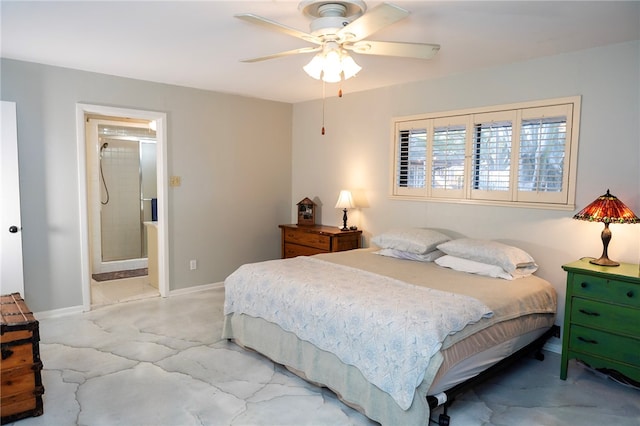 bedroom featuring connected bathroom, baseboards, and a ceiling fan