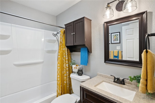 full bathroom with toilet, vanity, and shower / bath combo with shower curtain