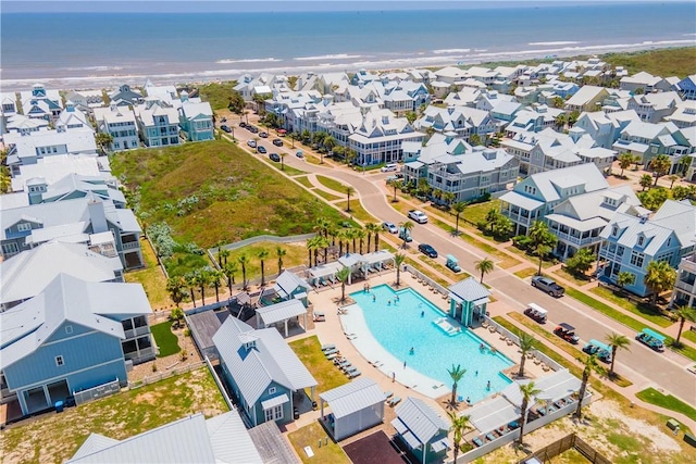 aerial view featuring a water view and a residential view