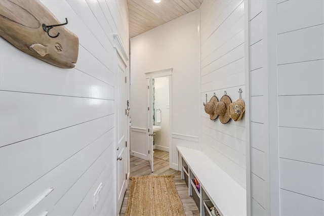 mudroom featuring wooden ceiling and light wood-style flooring