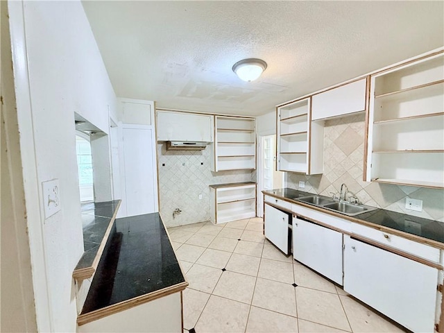 kitchen with a sink, open shelves, white cabinetry, and tasteful backsplash