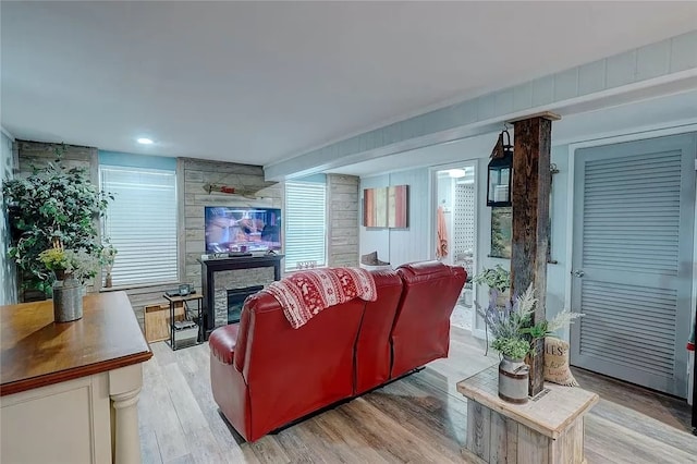 living room with a fireplace and light hardwood / wood-style flooring