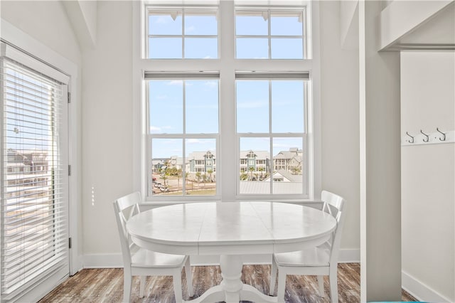 dining space with wood-type flooring